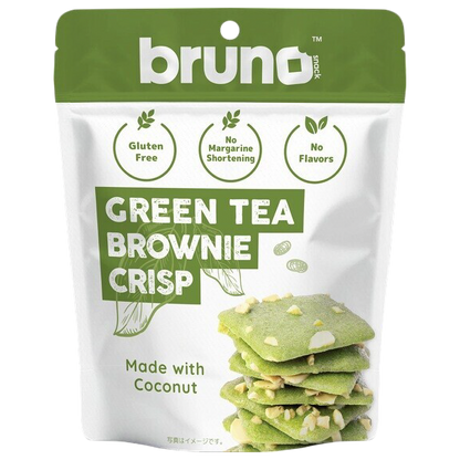 Bruno snack グリーンティーブラウニー 60gのパッケージ。緑茶フレーバー・カシューナッツ入りです。