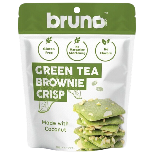 Bruno snackのグリーンティー（抹茶）味のクリスピー。カシューナッツ入りの、ほろ苦さと優しい甘味が絶妙に重なる緑茶フレーバーです。
