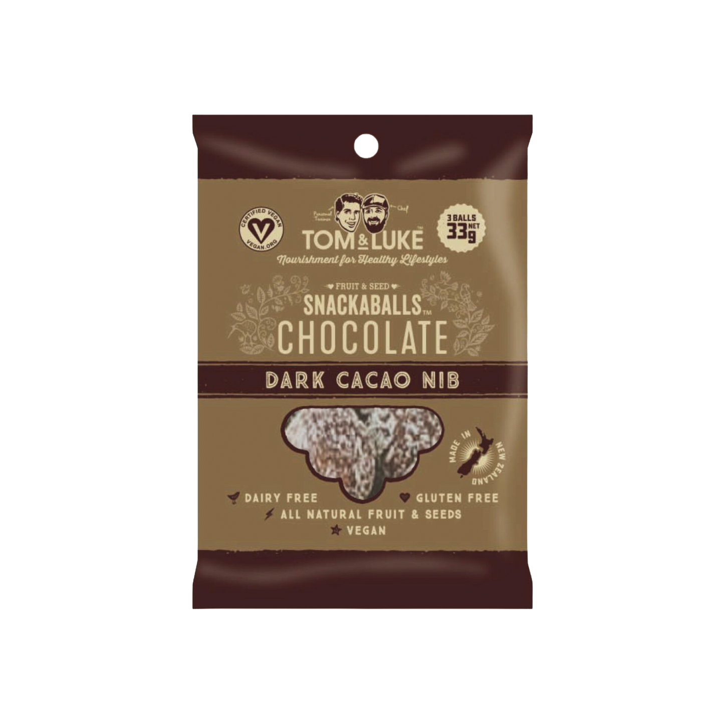 TOM & LUKE フルーツ＆ナッツボール ダークカカオニブ 33g。精製砂糖・乳製品不使用。グルテンフリーのお菓子です。
