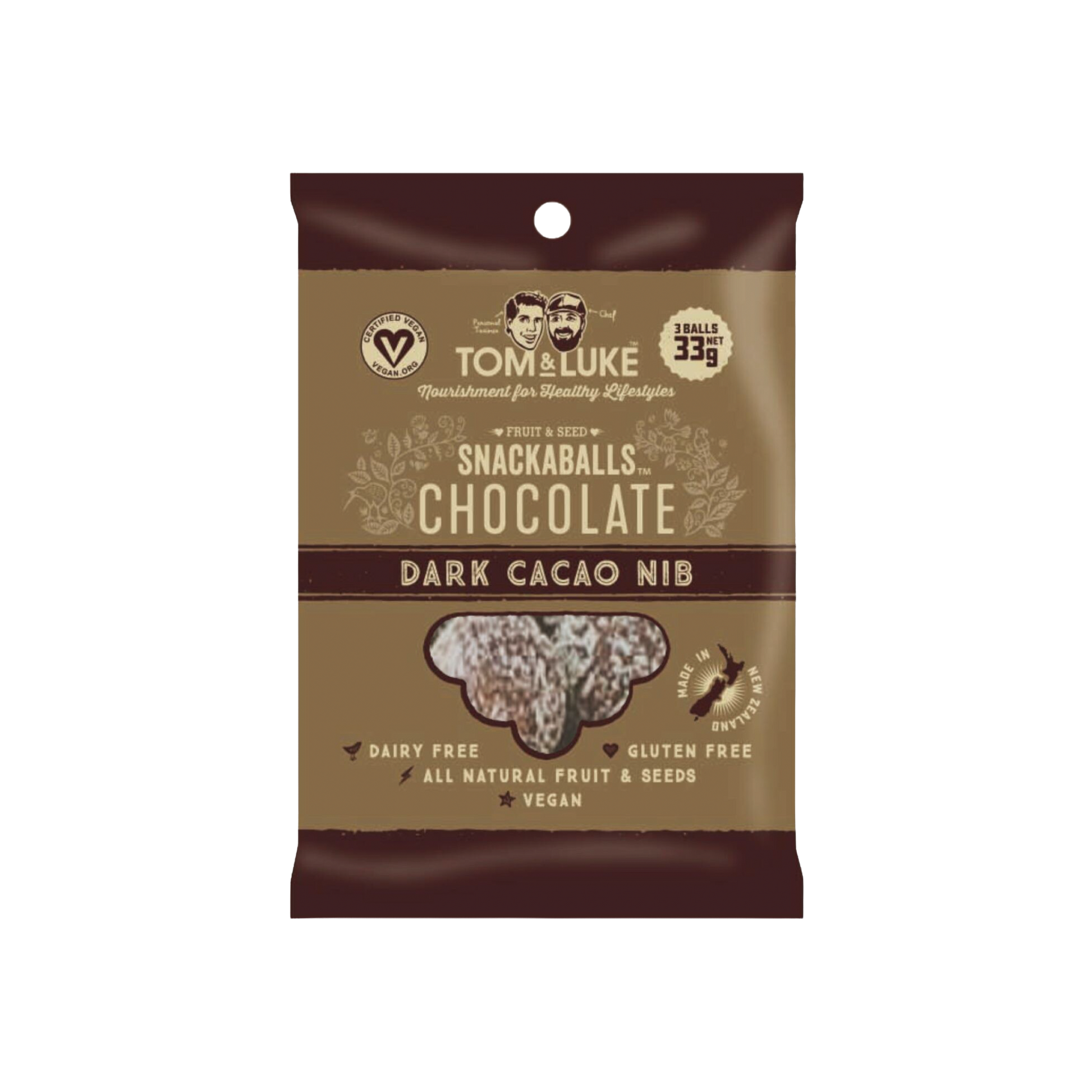 TOM & LUKE フルーツ＆ナッツボール ダークカカオニブ 33g。精製砂糖・乳製品不使用。グルテンフリーのお菓子です。