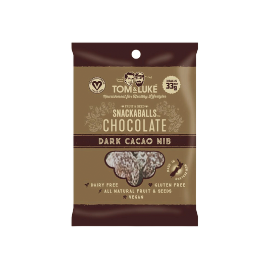 TOM & LUKE フルーツ＆ナッツボール ダークカカオニブ 33g。精製砂糖・乳製品不使用。グルテンフリーのお菓子です。